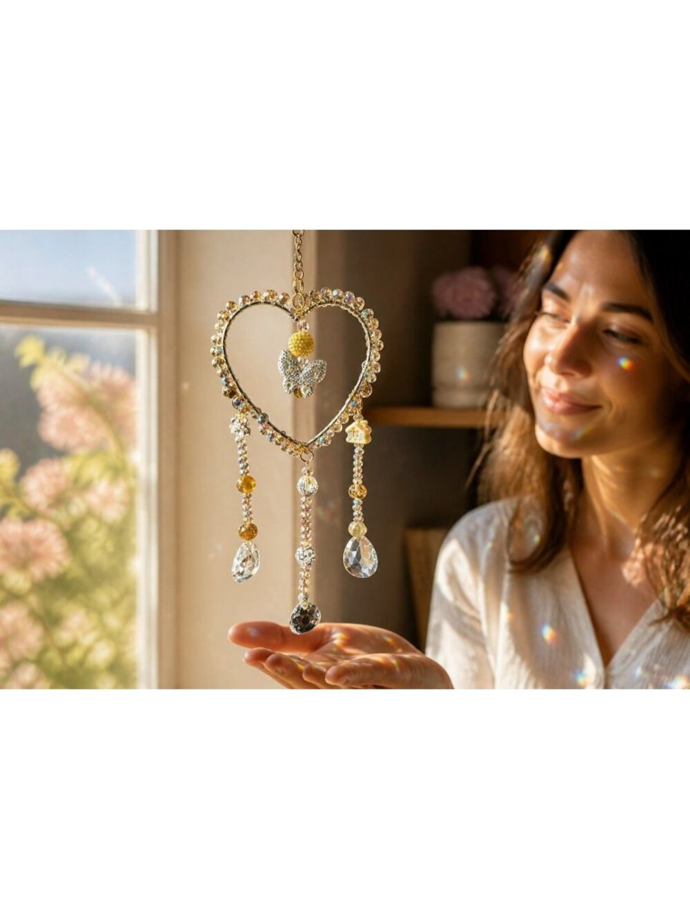 Heart-Shaped Crystal Butterfly Hanging Sun Catcher With Beads & Charms